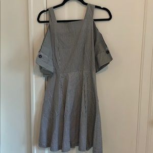 Blue and white striped high neck dress